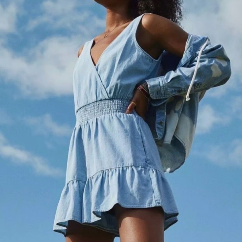 Love Tree Sky Blue Tencel Smocked Waist Ruffled Romper